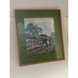 Vintage Signed Watercolor Painting Tropical Street Scene Horse Carriage Framed